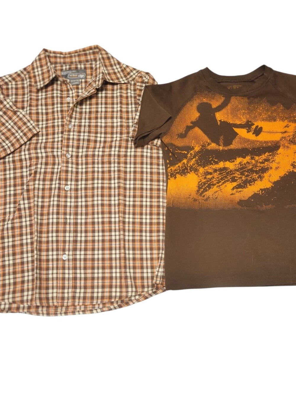 Boy's Size Medium Brown & Orange Shirt COMBO - T-shirt And Button Down - EUC